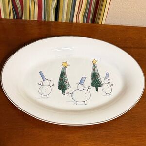 Eddie Bauer Oval 14” Serving Platter w/Snowman & Tree with Silver Trim